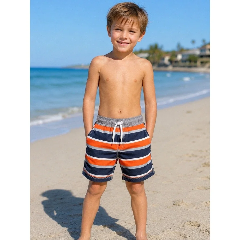 Gymboree Boys Swim Trunks Size S 5-6 Orange Navy Gray Striped Board Shorts